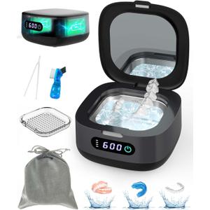 Voraiya 2025 Rechargeable Ultrasonic Retainer Cleaner, Portable Retainer Cleaner Machine, 52kHz Retainer Cleaner for Dentures, Night Guards, Mouth Guards, 166ml Dental Cleaning Pod with Mirror,3 Modes (Black)