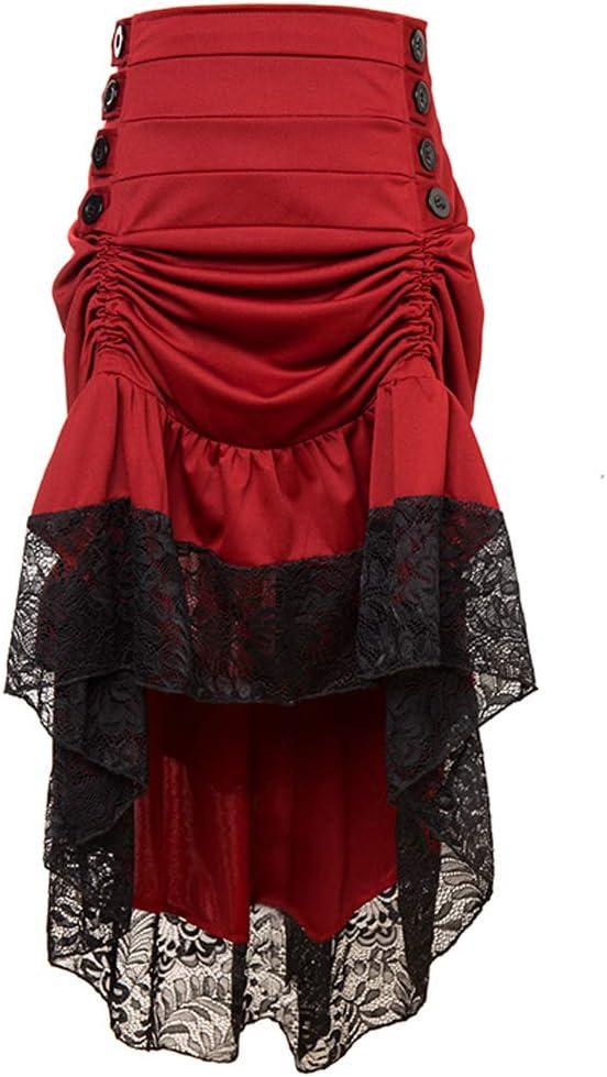 Charmian Women's Steampunk Victorian Gothic High Waist Lace Trim Ruffled High Low Cyberpunk Skirt Burgundy Medium