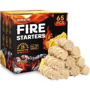 Shwuevei 65 pcs Fire Starter - Natural Fire Starters for Fireplace, Pellet Stove & Wood, Fire Pit, Smoker, BBQ, Chimney, Pizza Oven - Fire Starters for Grill, Charcoal Starter