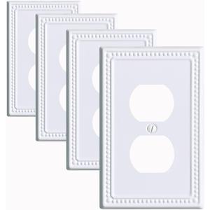 Metal Outlet Covers Wall Plates, White Beadboard Switch Plate Cover, Receptacle Light Switch Covers, Decorative Electrical Outlet Cover (1 Gang Duplex 4 Pack)