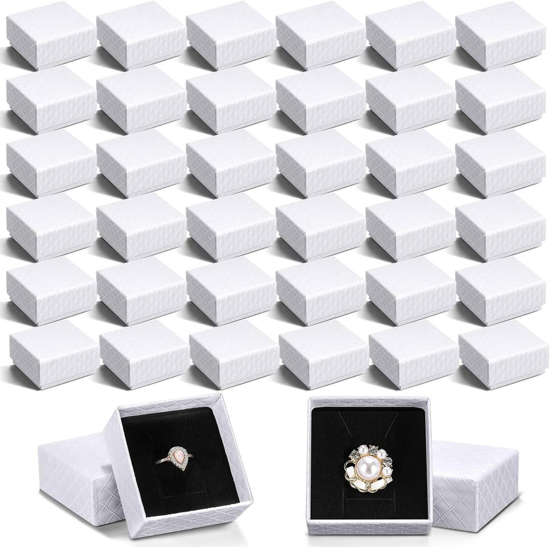 Landical 100 Pcs Jewelry Ring Gift Box 2'' x 2'' x 1'' Cardboard Earring Ring Boxes Small Gift Box with Velvet and Sponge Liner Pendant Case Bulk for Necklace Bracelet Earring Display Wedding (White)