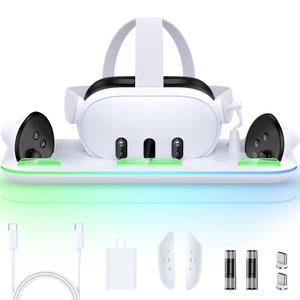 Charging Station for Quest 3 Accessories, DXKK Meta Quest 3 Controller Charging Dock with 20W Power Adapter, Dynamic Light, 2x Quest 3 Rechargeable Controller Batteries & Battery Covers