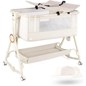 Baby Bassinets Bedside Sleeper 5 in 1,Bedside Bassinet for Baby with Mattress,Diaper changer, Storage Layer,Mosquito Net,7-level adjustable height , one-touch folding for travel with infants(Beige)