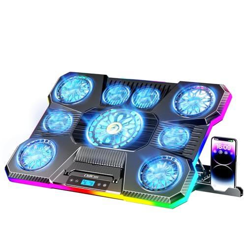 ChillCore Laptop Cooling Pad, RGB Lights Laptop Cooler 9 Fans for 15.6-19.3 Inch Laptops, Gaming Laptop Fan Cooling Pad with 8 Height Stands, 2 USB Ports - A21 Blue