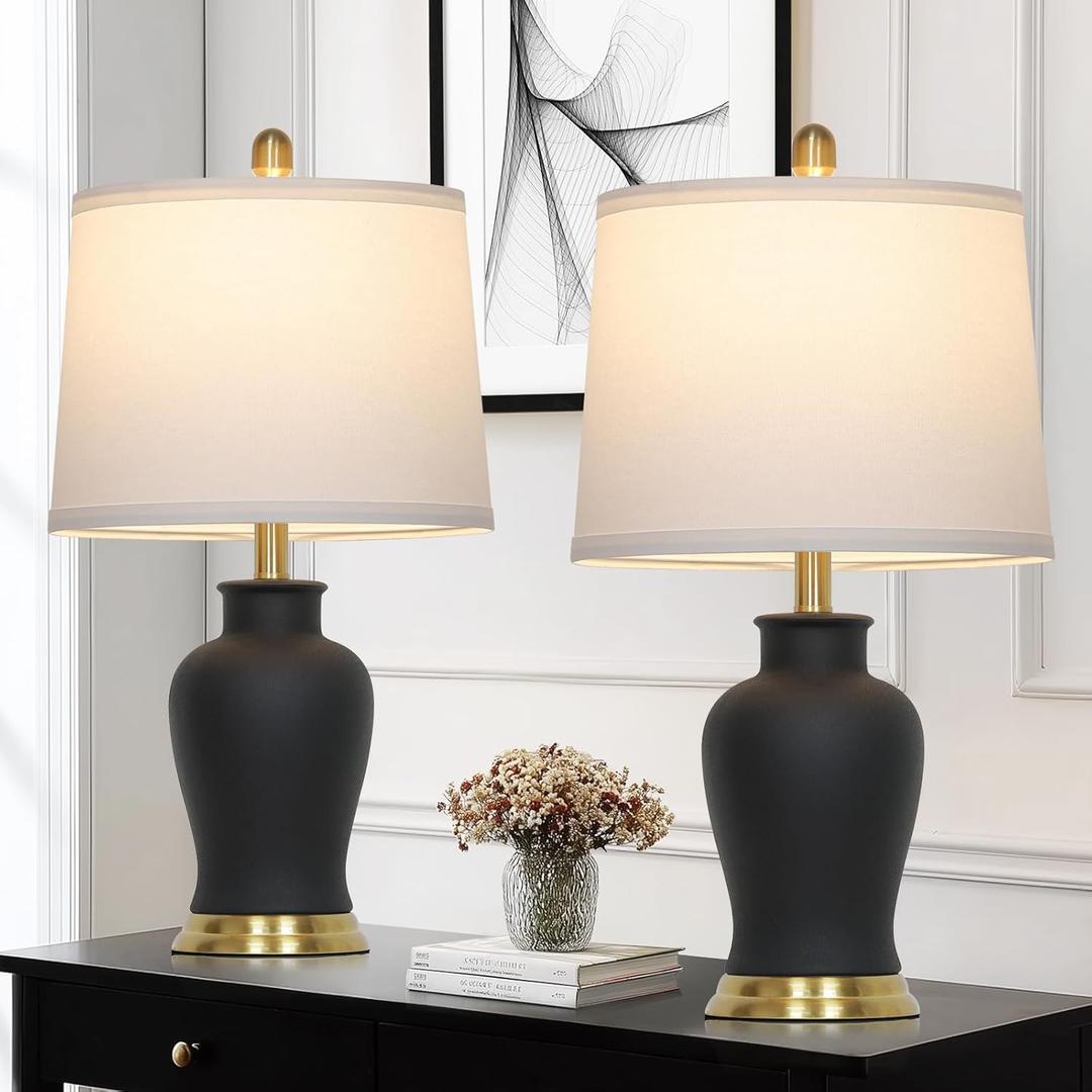 23" Modern Black Ceramic Table Lamps Set of 2, Farmhouse Table Lamps for Living Room, Classic Bedside Lamp with Ginger Jar Design, Elegant Bedroom Lamp for Night stand Desk Side End Table Home Decor