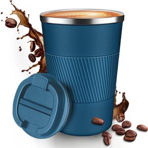 12OZ Travel Coffee Mug Insulated Coffee Cup with Spill Leak Proof Lid, Portable Stainless Steel Tumbler Reusable Hot and Cold Water Mug for Car, Daily, Camping- Blue