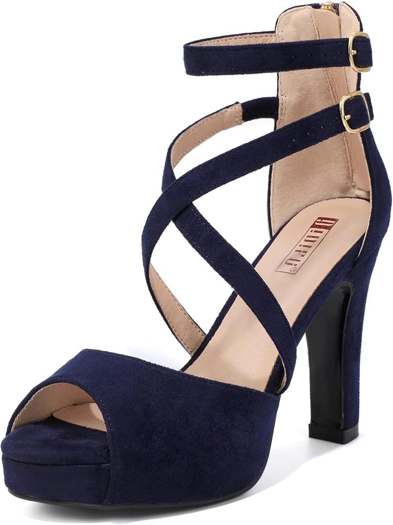 IDIFU Women's IN4 Platform Heels Strappy Chunky Heels For Women Dressy Peep Toe High Heels For Women Bridal Wedding Shoes For Bride On Evening Prom(Blue Suede, 8 M US)