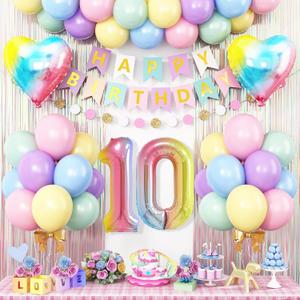 10th Birthday Decorations Rainbow,Gradient Number 10 Balloon,Pastel Happy Birthday Banner Fringe Curtain Heart Foil Balloons Boys Girls 10 Year Old Decor