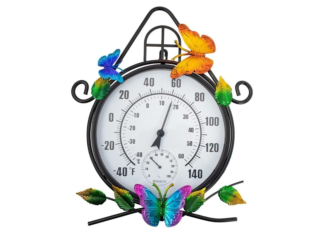 Indoor Outdoor Thermometer，Large Wall-Mounted Thermometer with Humidity, Easy to Read Decorative Outside Thermometer for Patio, Garden, No Require Batteries(Black)