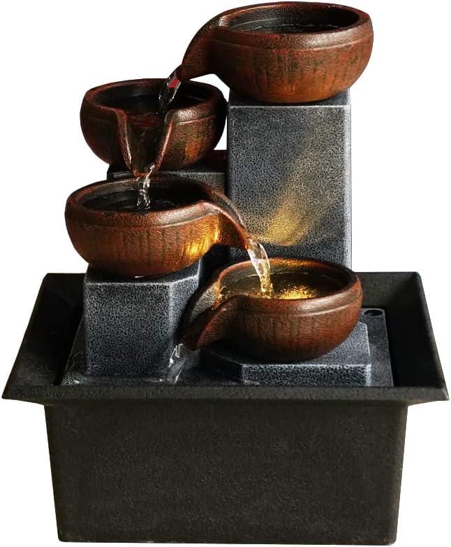 Indoor 4-Tier Relaxation Tabletop Fountain Waterfall Function with Warm Color LED Lights and 3-Level Adjustable Water Pump for Home and Office Decoration Brown