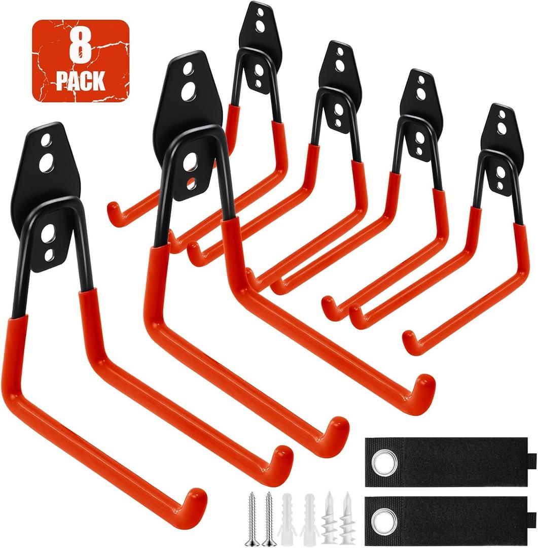 5.1 inch Garage Organization Hooks, 6 Pack Wall Mount Holders with 2 Extension Cord Straps, Large Hooks Anti-Slip Coated, Heavy Duty Storage Utility Hangers for Bike, Ladder, Power and Garden Tools