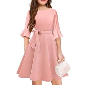 WIFFGO Girls Fall Winter Dresses Formal Fashion Belt Fit Knee High Modest Big Kids Midi Teen Dresses Outfits Blush Pink, 140
