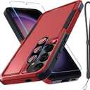 RMOCR Case for Samsung Galaxy S25, Full Body Heavy Duty Rugged Shockproof Protective Phone Cover with Lanyard Strap, Tempered Glass Screen Protector and Camera Lens Cover, Red