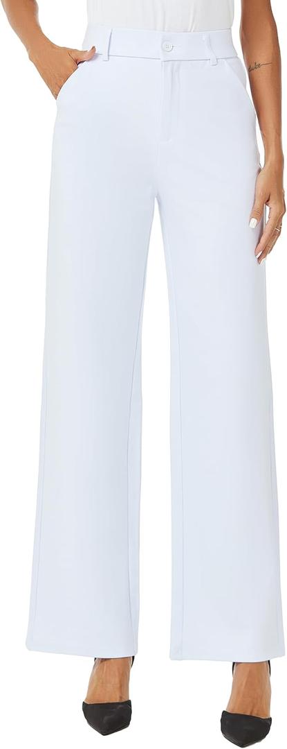 Womens High Waist Wide Straight Leg Trousers Casual Slacks Dress Pants with Pockets (8 Tall, Blueish White)