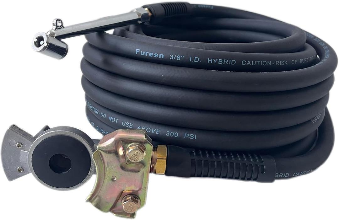 Truck Tire Inflator Kit, 3/8 in x 50 ft Hybrid Air Hose with Glad Hand & Air Chuck, Heavy Duty, Lightweight, Kink Resistant, 300 PSI (Black)