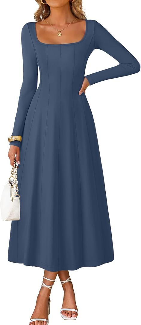 MEROKEETY Women's Fall Dresses 2025 Long Sleeve Square Neck Elegant Classy Winter Cocktail Wedding Guest Midi Dress
