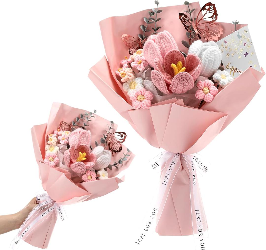 Fanfanwin Father's Day Crochet Flowers Bouquet Gifts Wedding Favors Handmade Tulips Knitted Flowers with Butterfly Card for Graduation Wife Anniversary Teacher Nurse Birthday Party(Pink)