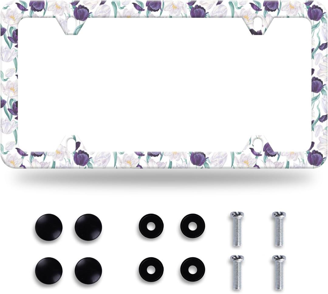 White Purple Tulips Flower License Plate Frame Beautiful Floral License Plate Frames Stainless Steel Accessories Cars Decor with 4 Holes and Screws Fits Standard US CA Vehicles Size 12.2 x 6 Inches