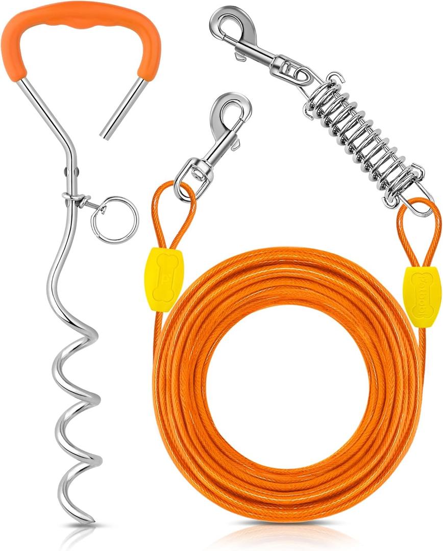 Petbobi Dog Tie-Out Cable and Stake - 30ft Heavy Duty Cable with Spring, No Tangle, 16in Ground Stake, Ideal for Yard, Camping and Beach, Suitable for Small Medium Large Dogs Up to 120 lbs, Orange