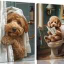 libitea 2 Pcs Funny Animal Bathroom Canvas Wall Art Cute Dog Reading Newspaper and Taking Bath on Toilet Art Print Humorous Bathroom Animal Painting Wall Decor for Dog Lovers Home Decoration