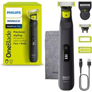 Norelco Philips OneBlade Pro 360 Face + Body, Electric Shaver, Beard Trimmer and Body Groomer, with 360 Blade Technology, 14-Length Precision Comb, Body Kit, Soft Pouch, Model QP6542/70 (Black/Lime Green)