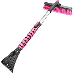 HEEYA 12.6 Inch Large Brush Head with Ice Scraper, Extendable Car Scraper Snow Brush for Car Window Windshield, Portable Snow Scraper for SUV Truck Vehicle Automobile  Pink