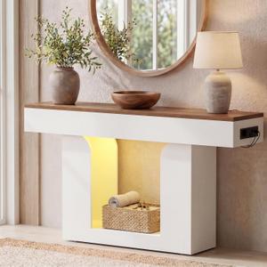 Homieasy Console Table, 47" Entryway Table with LED Lights & Charging Station, Farmhouse Wooden Sofa Table Behind Couch, Narrow Hallway Table for Living Room, Foyer, Entry, Antique White & Brown, 47.2"