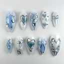 Medium Press on Nails Almond Shaped Fake Nails with Designs 3D Rhinestone Gel Glue on Nails Bow False Nails Pearl Acrylic Nails Sliver Lines Artificial Nails Glossy Stick on Nails for Women