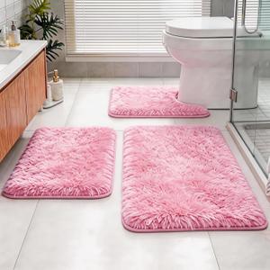 Shaggy Bathroom Rugs Set Plush Velvet Bath Rugs Non-Slip Bath Mat Set 3 Piece, Washable Mats, Absorbent Shaggy Rugs Super Soft U-Shaped Toilet Rug, Bathroom Carpets for Bathroom, Tub, Shower (Light Pink, 24x16+32x20+20x20U