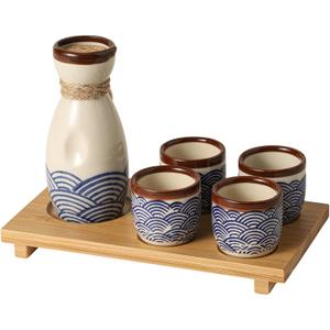 Ceramic Sake Set 5pcs Japanese Traditional Sake Set with 1 Sake Pot 4 Sake Cups Japanese Saki Cup Tokkuri Bottle Ochoko Carafe Soju Home Decoration Gift with Serving Bamboo Tray Wavy Pattern