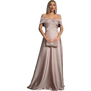 Women's Off The Shoulder Satin Maxi Dress, Elegant Twist Front Ruched Formal Evening Gown for Party (Beige, XL)