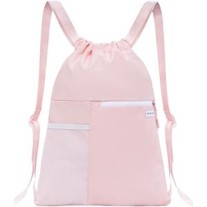 BAVELOE Drawstring Backpack with Mesh Pocket Water Resistant String Beach Swim Sports Gym for Women Men (Pink)