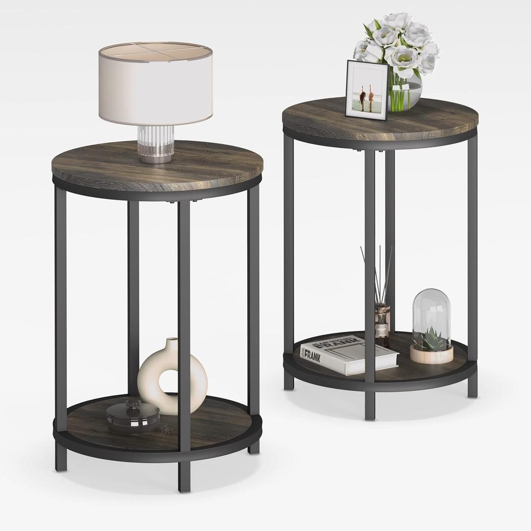 NSdirect Round Side Table Set of 2,16in Rustic Wooden End Table Surface Top & Sturdy Metal Legs Nightstand for Living Room Bedroom Farmhouse Sofa Table with Storage Open Shelf,Rustic Brown