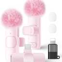 Wireless Lavalier Microphone for iPhone iPad and Android Phone, 2 Pack Lapel Mic Plug and Play Wireless Mic Noise Reduction Microphone for Video Recording Interview Podcast Vlog YouTube Tiktok (Pink) (Without Case)