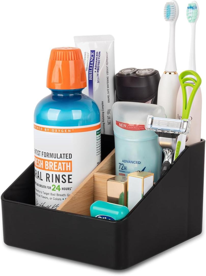 Toothbrush Holder for Bathrooms, 4 Slots Tooth Brush Holder with Detachable Bamboo Dividers, Countertop Organizer for Electric Toothbrushes, Toothpaste, Razors, Floss - Black (Large 6.1" x 6.1")
