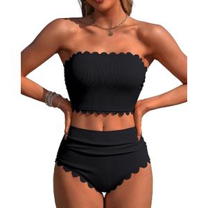 Charmo Cute Push Up Bikini Set for Women High Waist Scallop Strapless Bikini Swimsuit Lace 2 Piece Bathing Suit Black, Size: S