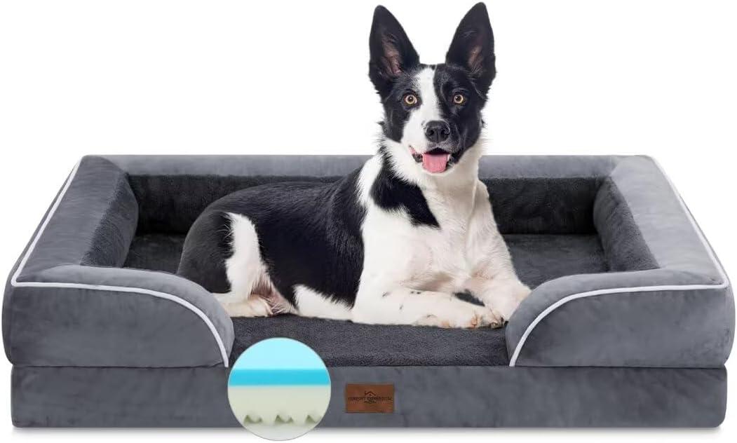 Comfort Expression Cooling Dog Bed for Large Dogs, Memory Foam Orthopedic Dogs Beds, Waterproof Washable Dog Beds with Removable Cover, Pet Bed Sofa with Bolster(Large,Leaden Grey) (36.0"L x 27.0"W x 7.5"Th)