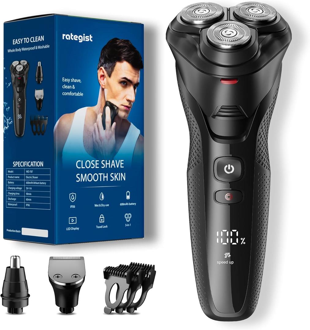 Cordless Electric Razor for Men: 3-in-1 Shaver for Beard/Nose/Sideburns - IPX7 Waterproof Travel Kit