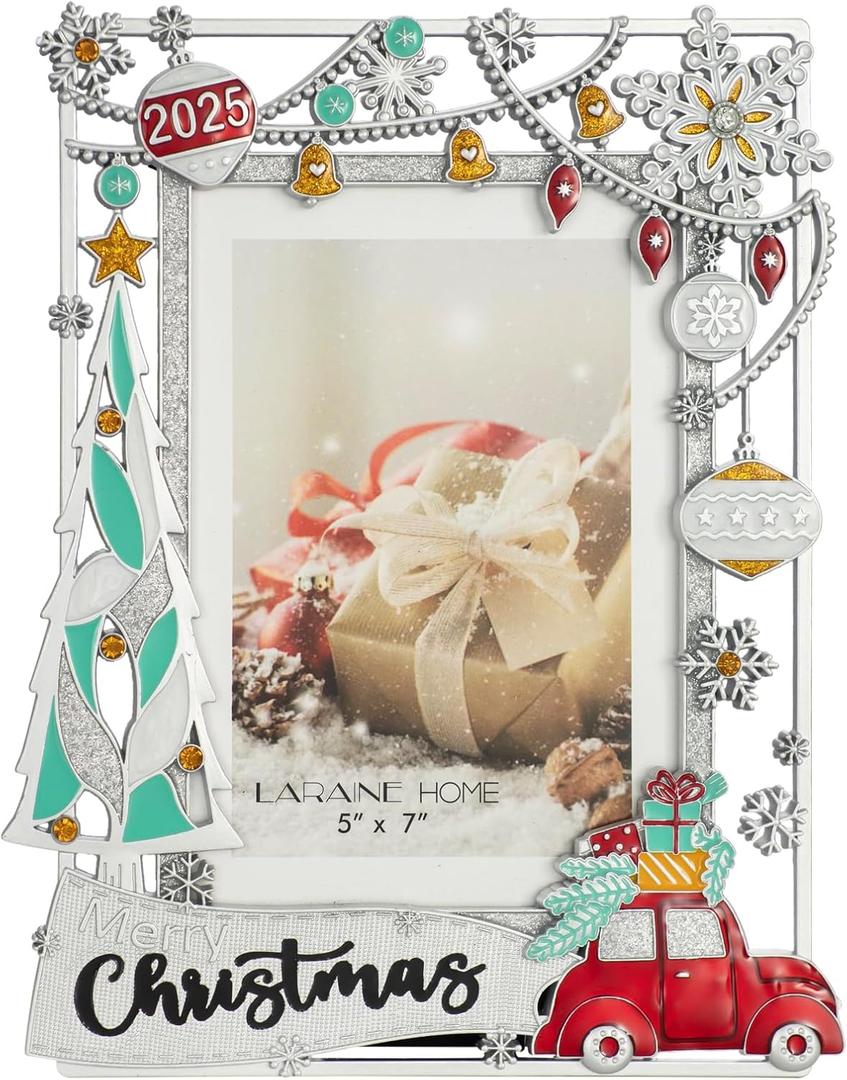 LARAINE Picture Photo Frame 5x7 Metal 2025 Christmas Red Car High Definition Display Pictures for Tabletop Home Decorative Holiday Gift (Silver(2025))