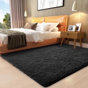 3x5 Black Rugs for College Dorm, Bedroom Small Area Rug, Non-Slip Fluffy Shaggy Bedside Soft Shag Fuzzy Plush Carpet for Kids Boys Teen Home Decor Aesthetic, Nursery (3' x 5', 2- Black)