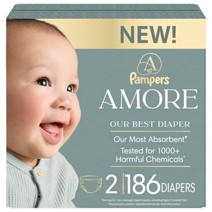 Pampers Amore, Size 2 (10-22 lbs), 186 Count, Our Best Diaper – Hypoallergenic & Fragrance Free, Up to 100% Leakproof, Soft as Cashmere