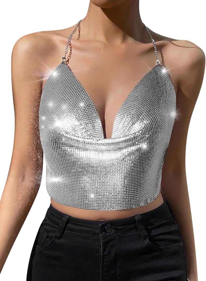 Womens Sexy Sparkly Chain Top - Metallic Sequin Rhinestone Halter Backless Crop Outfit EDM Party Club Tank Shirt (Medium, Silver)