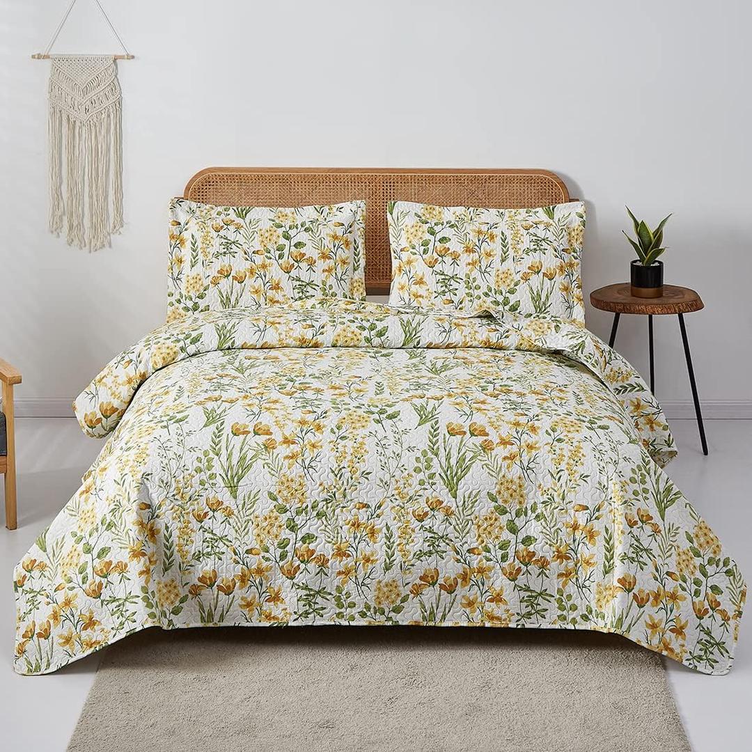 Summer Floral Quilt Full/Queen Size Lightweight Yellow Green Blossom Bedspread Flowers Leaves Botanical Coverlet Set Light Thin Soft Plant Bed Cover Garden Bedding Daybed Cover Home Decor