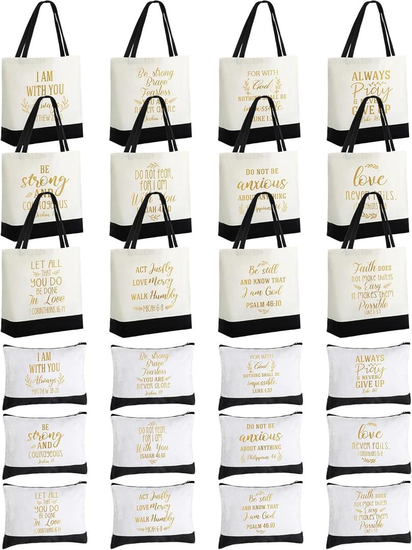 Talltalk 24 Pcs Christian Gifts for Women Including 12 Pcs Bible Verse Tote Bags 12 Pcs Inspirational Makeup Bags with Zipper Religious Motivational Gift for Coworker Women Birthday Christmas Church