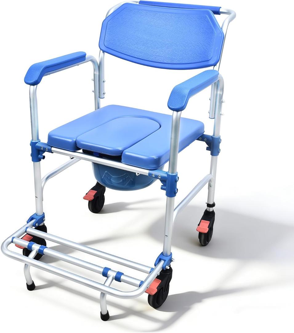Bedside Commode with Wheels - Rolling Shower Chair for Elderly and Disabled - 3 in 1 Shower Wheelchair 400 LBS Capacity, HDB-697A