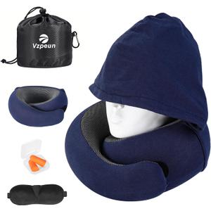 Travel Pillow - Hooded Neck Pillow Airplane Memory Foam Filling for Plane, Office, Cars Sleeping, Road Trip, Long Flights, Airplane Travel Essentials, Includes Eye Mask & Earplugs (Navy)