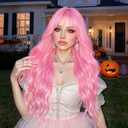 NOSTALGIA Pink Wig With Bangs Hot Pink Wigs for Women 26nch Heat Resistant Synthetic Hair, Natural Curly Synthetic Wig for Party Cosplay Daily Use
