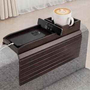 Bamboo Couch Arm Tray Table with Built-in Cup Holder, Foldable Anti-Slip Sofa Armrest Table for Drinks, Phone & Remote, Fits 4.716.9 in Armrests, Holds Cups up to 3.5 in Diameter (Brown)