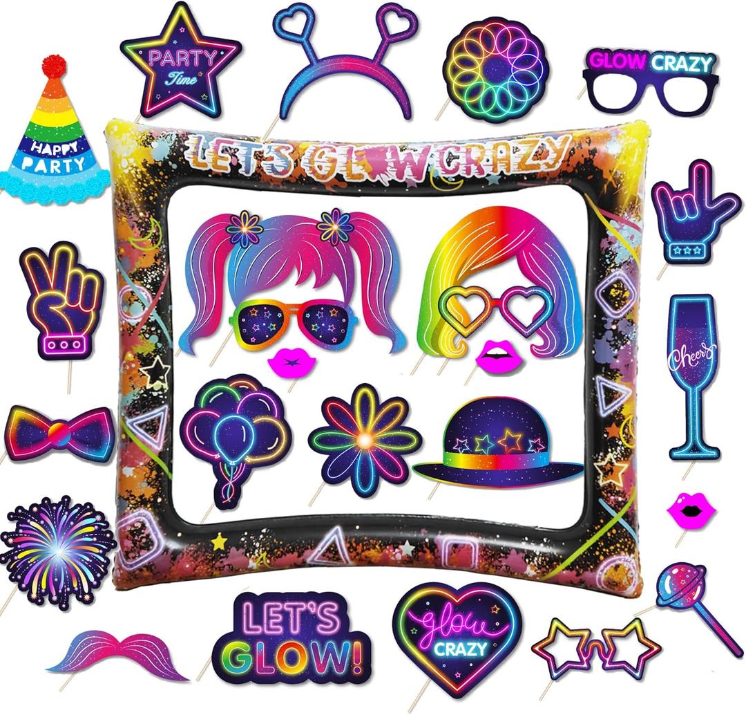 25pcs Neon Glow Party Photo Booth Props with Let's Glow Inflatable Selfie Photo Booth Frame - Funny Neon Selfie Props for Dark Black Light Birthday Party Decoration Supplies