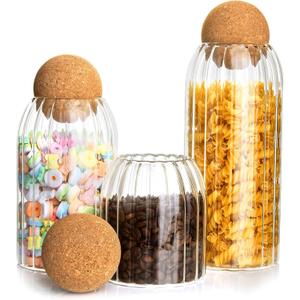 3Pcs Glass Storage Container with Round Ball Cork,Coffee Bean Jar Glass Cork Clear Stripe Glass Bottles with Cork Glass Canisters for Food, Coffee, Sugar, Spice, Tea,DIY (500ml / 700ml / 1000ml)